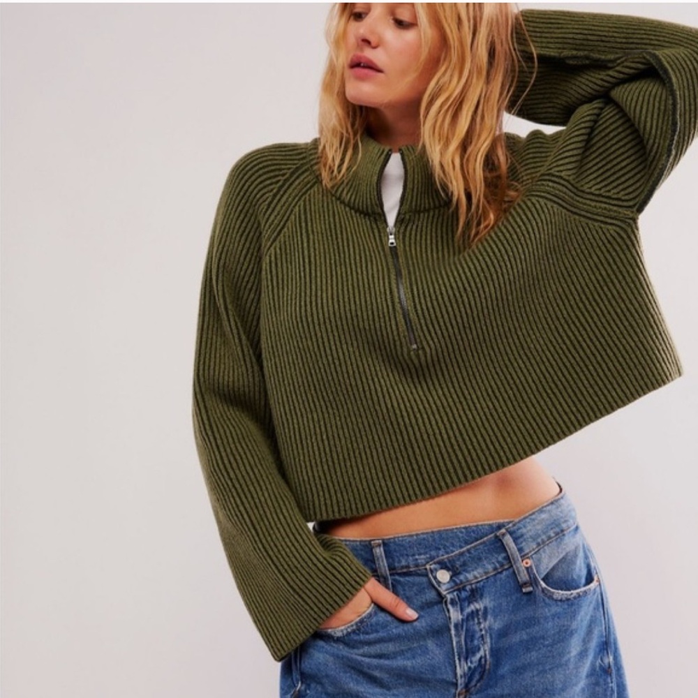 Free people Greta Olive Green Ribbed Half-Zip Sweater